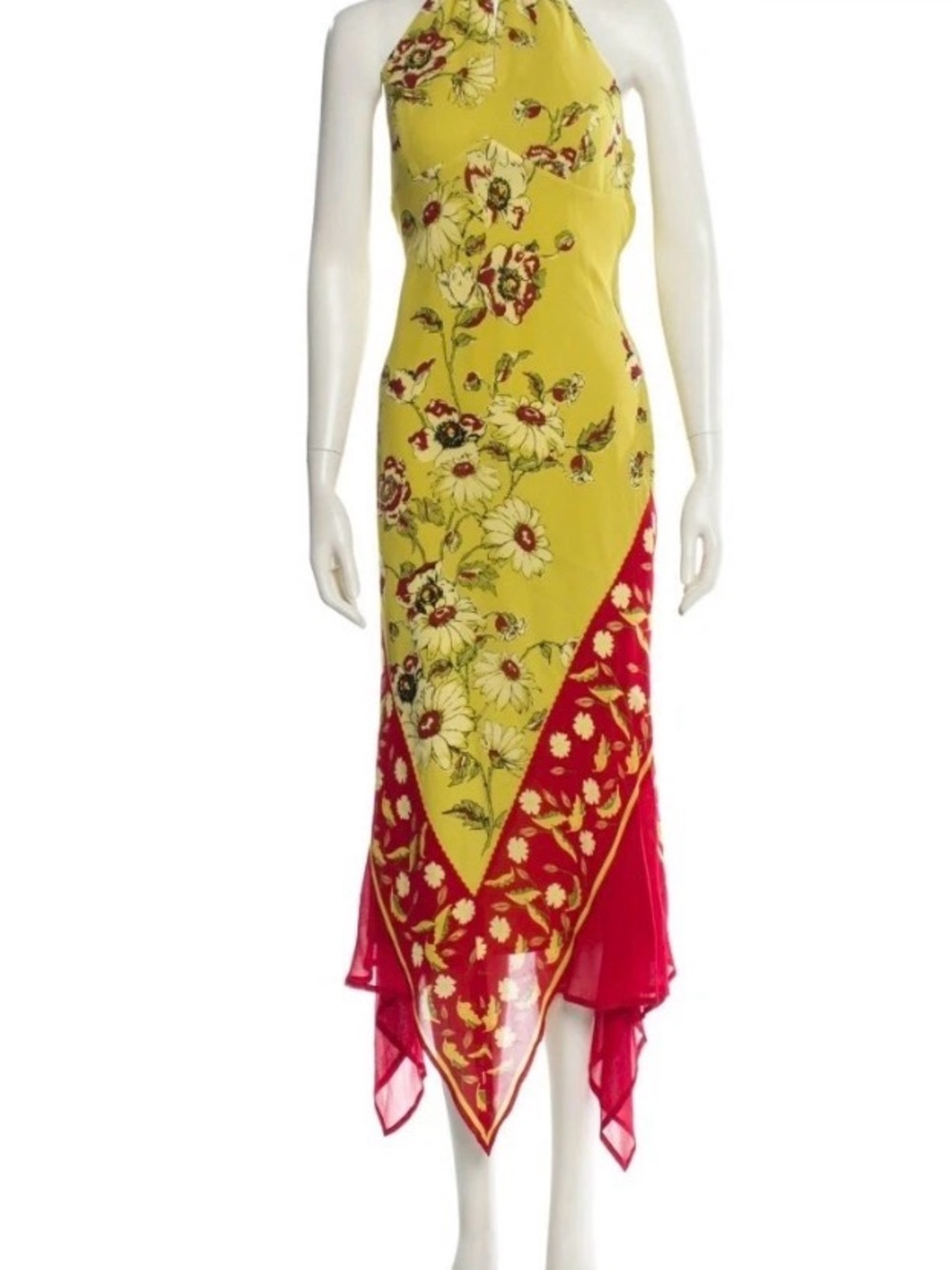 Sue Wong Yellow and Red Floral Halter Midi Dress